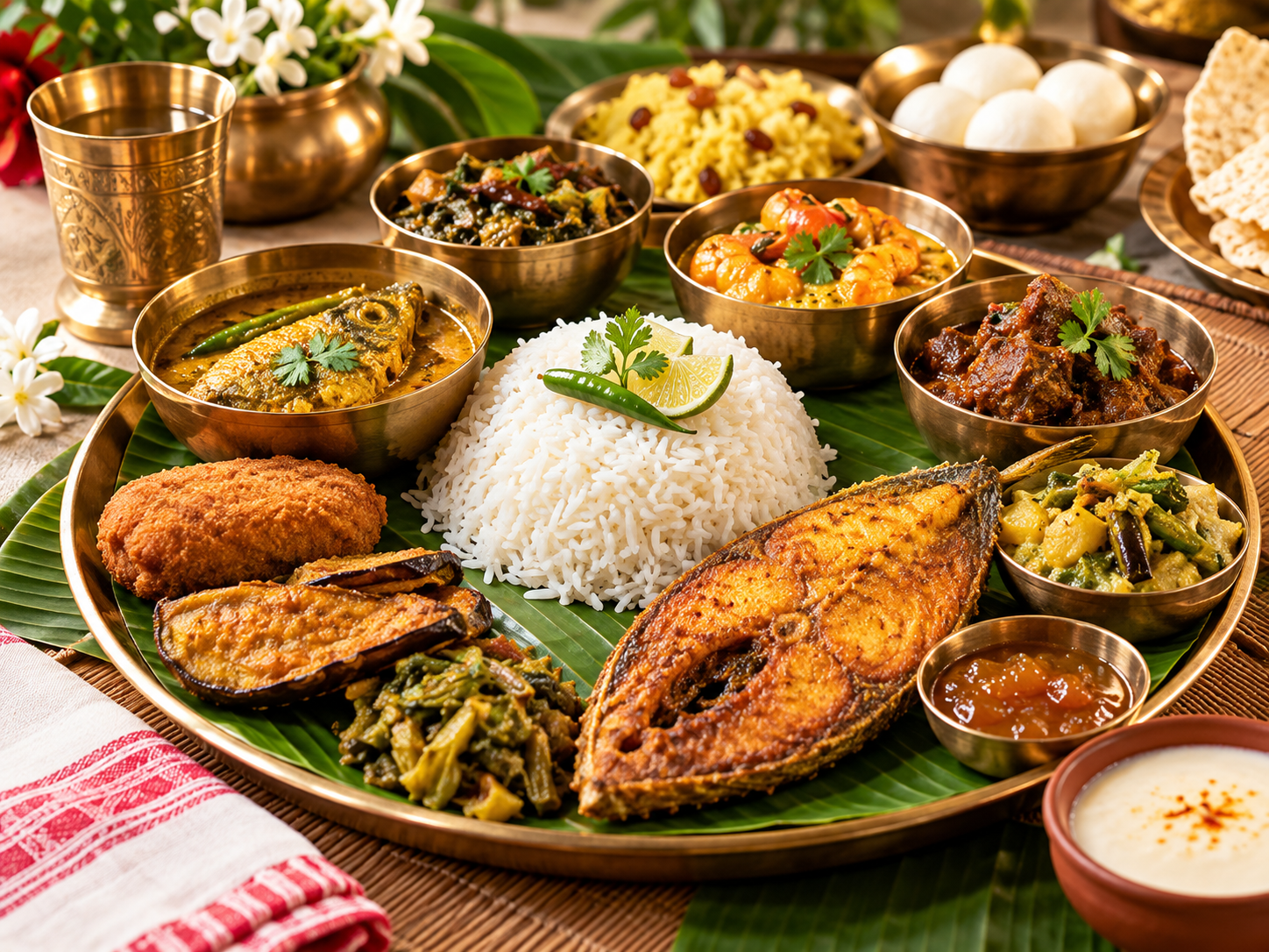 Traditional Bengali catering menu featuring rice, fish, dal, vegetables and regional dishes